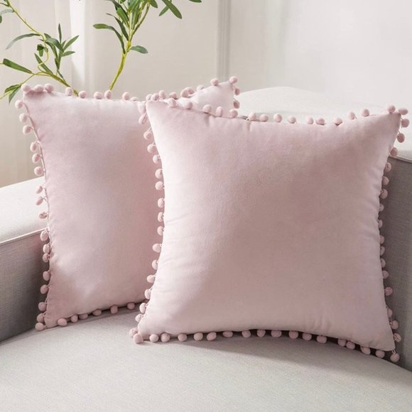 (Only Covers) Set of 2 Poms Poms Velvet Decorative Pillow Covers, Light Pink - Picture 1 of 2
